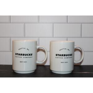 Starbucks 2018 Seattle WA Coffee Mug Set of 2 14oz Stackable White
